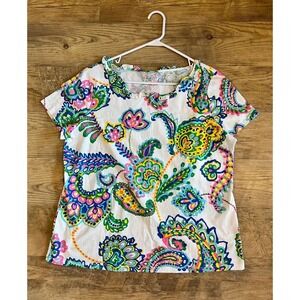 Talbots Floral Paisley Ruffle Neck Top Size X/14 Short Sleeved Resortwear